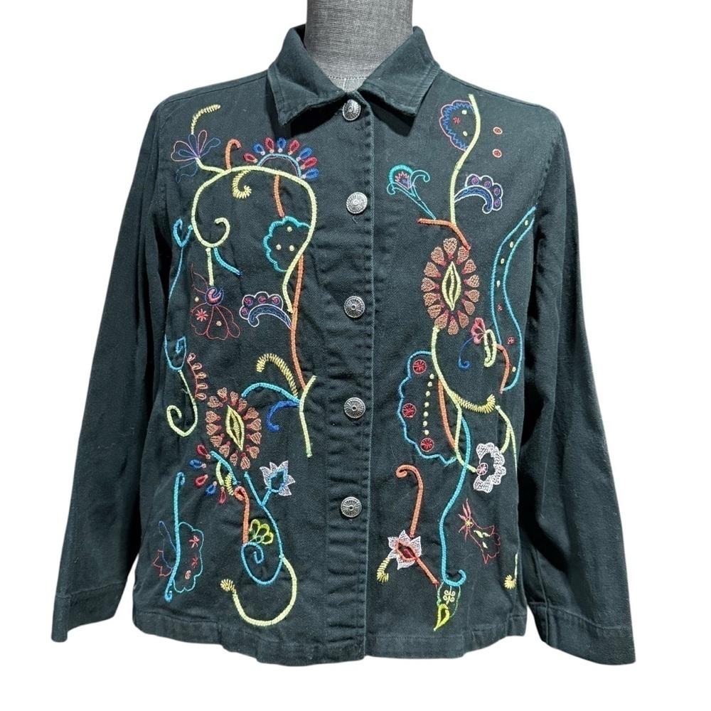 Embroidered Multicolor Black Jean Jacket Sz: Large Cotton Boho Folk Artsy Floral